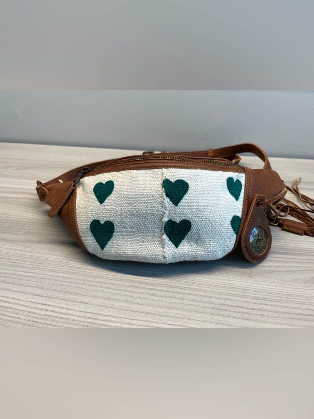 Will Leather Goods Cream & Emerald Hearts Belt Bag